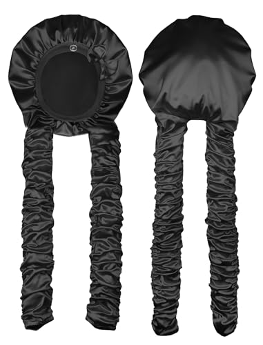 Vettres Heatless Curl Satin Bonnet for Sleeping No Slip Sleep Bonnet with Long Curling Ribbons for Braids & Long Hair Black