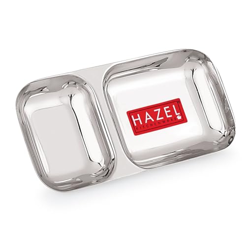 Image of HAZEL 2 Compartment Stainless Steel Section Plate | Rectangle Divided Thali Tray for Snacks, Meals & Portion Control