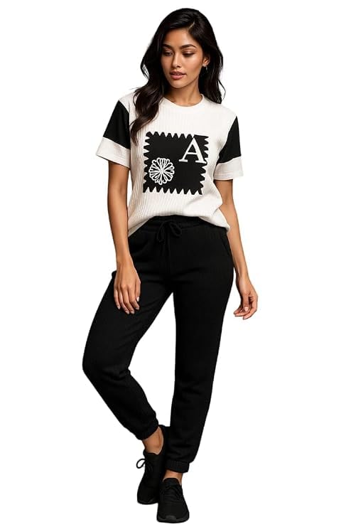 Women's Co-Ord Set, Graphic Printed Half-Sleeve T-Shirt with Jogger Pants, Black and White, Casual Wear-picture-32