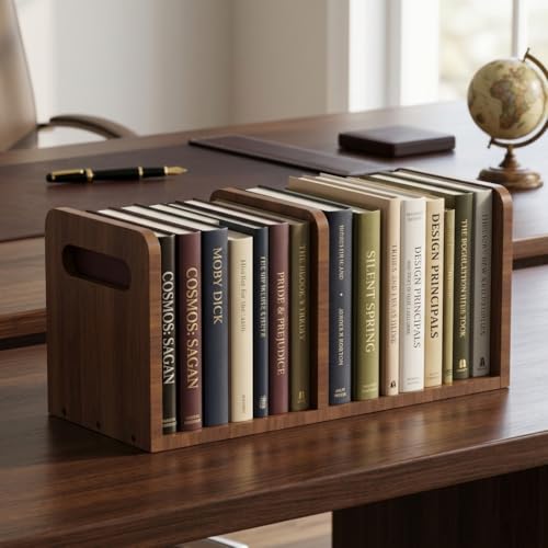 Image of 100% Solid Wood Adjustable Desktop Bookshelf With Movable Divider, Retro Tabletop Bookshelf With Convenient Handle Design for Living Room, Home, Office, Perfect for Magazines, Books, Files (Brown)