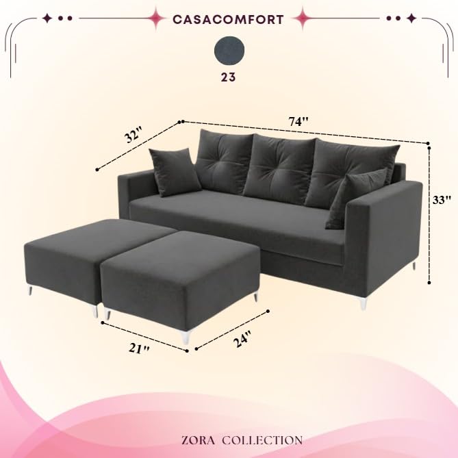 Image of Zora 5 Seater L Shape Sofa Set with 2 Movable Ottomans | Flexible Layout | Rich Velvet Suede Fabric | Silver Legs | Spacious Seating | Modern Sofa for Living Room (Dark Grey)