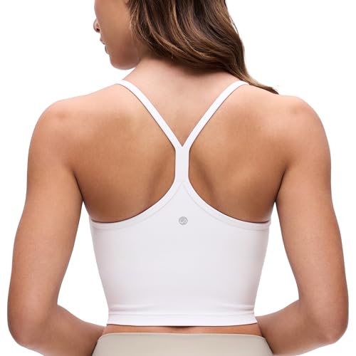 CRZ YOGA Women's Butterluxe Y Strappy Back Sports Bra - Longline Padded Yoga Bra Spaghetti Straps Workout Crop Top White 8