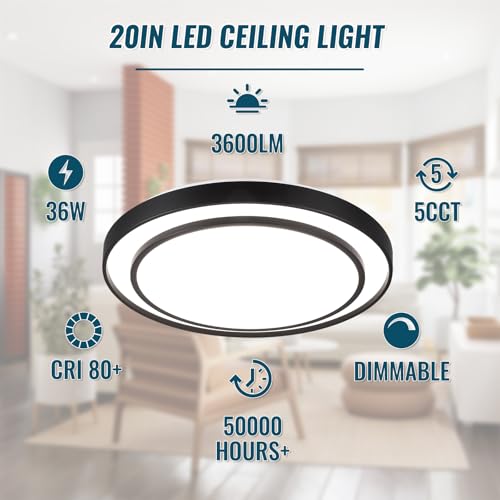 Wheatronic 20" LED Flush Mount Ceiling Light Fixture 5CCT, Black Ceiling Light Round, Dimmable Light Fixture Flush Mount 36W, Modern Simple Close to Ceiling Light Fixtures for Kitchen, Bedroom by Wheatronic - Used condition - Image 2