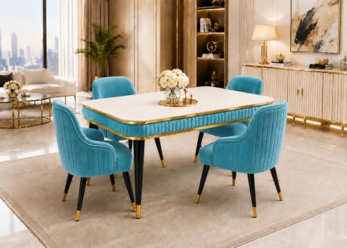 Image of WOODEN SPACE 4 Seater Wooden Dining Table Set | Urban Marble Top Dining Table with Chairs for Dining Room & Kitchen (Modern Zyro Sky Blue) (54 x 36 x 30 inch)