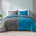 Comfort Spaces Vixie 3 Piece Comforter Set All Season Reversible Goose Down Alternative Stitched Geometrical Pattern Bedding, Full/Queen, Teal/Grey