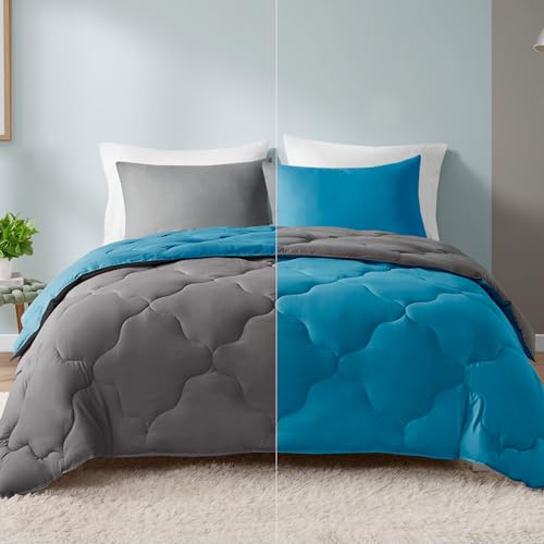 Image of Comfort Spaces Vixie Reversible Comforter Set - Trendy Casual Geometric Quilted Cover, All Season Down Alternative Cozy Bedding, Matching Sham, Teal /Charcoal, Full /Queen 3 piece