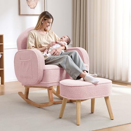 Image of HCHAIRH Rocking Chair Nursery with Ottoman, Upholstered Glider Rocker with High Backrest and Side Pocket, Rocking Accent Armchair with Solid Wood Legs for Nursery /Living Room /Bedroom Pink