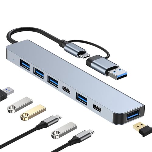 Aluminum 7 in 1 USB Hub USB C Hub with USB 3.0, Multiport USB Splitter Adapter with 5 USB & 2 USBC Ports for MacBook, ipad, Laptop, PS4, Flash Drive, HDD, Xbox, Printer, Mouse, Keyboard, HP -  DUOYHIEL