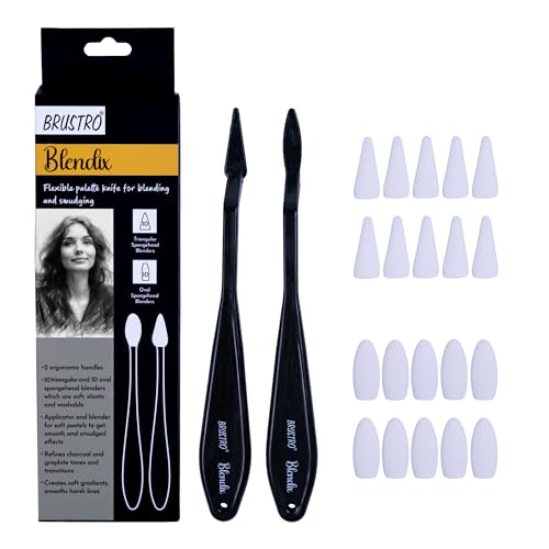 Image of BRUSTRO Blendix Flexible Spongehead Soft Palette Knives | Set of 2 Ergonomic Handles with 10 Triangular & 10 Oval Sponge Blender | Ideal for Blending, Smudging With Graphite, Charcoal, Pastels, Pigment powder etc