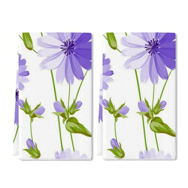 Spring Hand Towel Set of 2 Purple Floral Bath Towels Soft Summer Flower Fingertip Face Towel for Bathroom