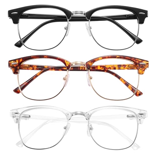 Image of Przene Blue Light Blocking Glasses for Men Women Retro Round Semi Rimless UV400 Computer Eyewear 3-Pack Black /leopard /transparent