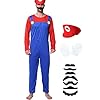 HANERREAL Halloween Costume Adult Plumber Jumpsuit with Hat Gloves Moustache Costume Accessories Set (Red, Medium)
