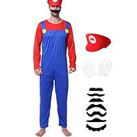 HANERREAL Halloween Costume Adult Plumber Jumpsuit with Hat Gloves Moustache Costume Accessories Set (Red, Medium)