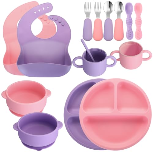Image of 16 Pcs Baby Led Weaning Supplies Silicone Baby Feeding Set Plates with Suction Utensils with Divided Adjustable Bib Bowl Cutlery Snack Cup Spoons Straw 6 Months+(Purple, Pink)