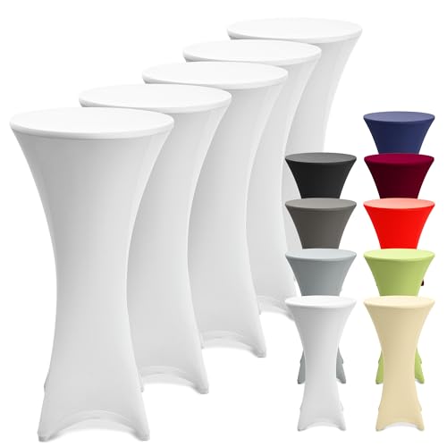 Beautissu 5er Set Stretch Stehtisch Husse Weiß Ø 80-85 cm Stella – Verstärkung im Fußbereich & 40°C waschbar, rutschfest & bügelfreie Husse für Stehtisch & Bistrotisch als Tisch-Überzug