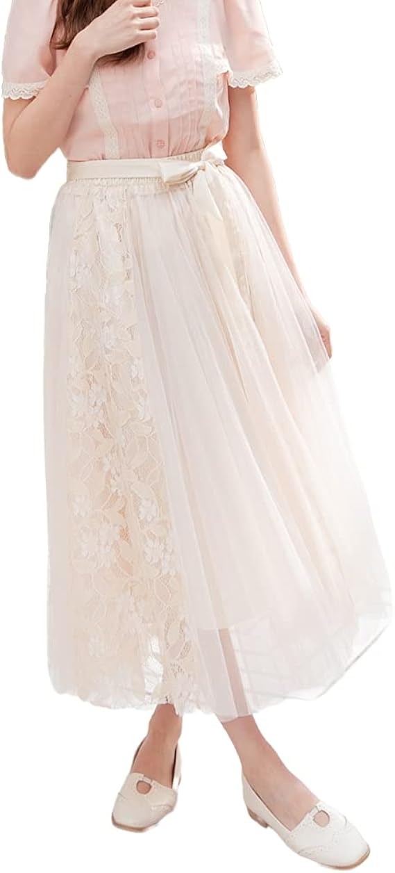 Amazon Ruby S Collection レースとチュール切り替えデザインロングスカート リボン チュール フレアスカート ウエストゴム マキシスカート 花柄 裏地付き ボリューム 21 春夏秋冬 コーデ デート アプリコット スカート 通販
