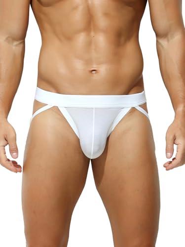 KAREN SPACE Jockstrap Hombre Suspensorios Sexy Tanga Ropa Interior Sexy Tipo Jockstrap con Soporte Atlético Men Thong, Blanco, M