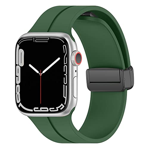 Compatible with Apple Watch Band 49mm 45mm 44mm 42mm 41mm 40mm 38mm, Soft Silicone Magnetic Buckle Sport Replacement Straps,Adjustable Sport Band (42/44/45/49mm, Green)