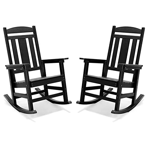 LUE BONA Outdoor Rocking Chairs Set of 2, Weather Resistant Poly Plastic Rocker, 350lb Heavy Duty, Oversized Porch Rocker for Adult, High Back Smooth for Outdoor & Indoor, Black