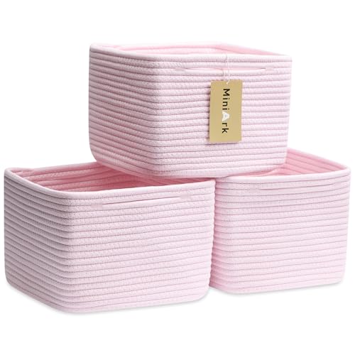 Image of MiniArk Small Organizing Baskets for Cubes Shelf, 9.7x9.7x7.1 Inch Rope Woven Storage Bins for Nursery Shelves Storage, Cute Toy Basket, Square 3 Packs Light Pink