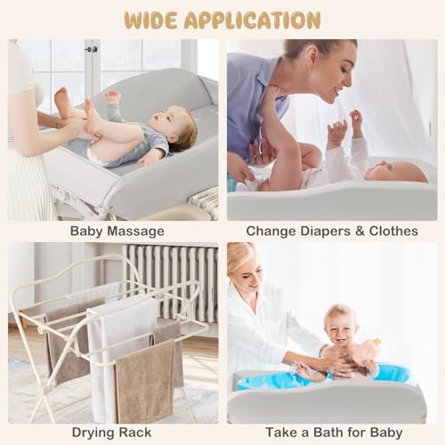 Image of HONEY JOY Changing Table, Folding Mobile Diaper Nursery Organizer w /Wheel, 3 Adjustable Heights, Storage Bag & Open Shelf, Water Basin, Portable Baby Changing Station for Newborn Infant(Gray)