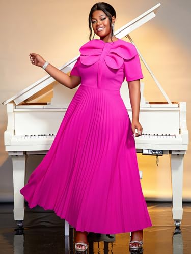 AOMEI Casual Church Dresses for Women 2025 Summer Pleated Short Sleeve Round Neck Dragonfly Spring Maxi Dress2