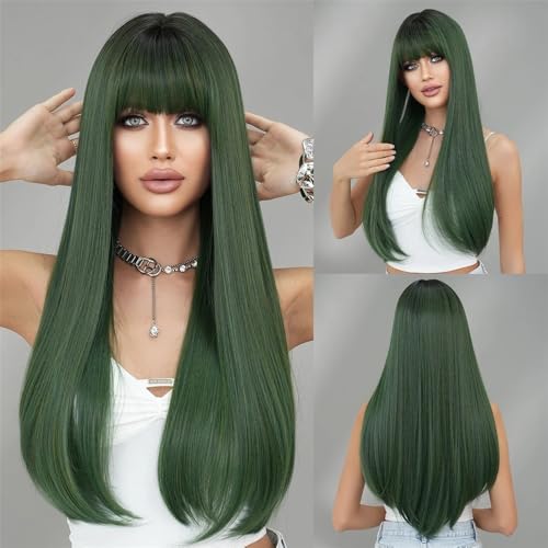 Perruque synthétique longue lisse avec frange contre cheveux ternes