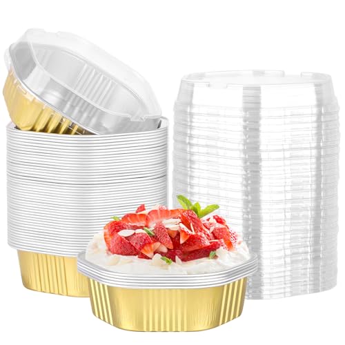 Beasea Disposable Baking Cups with Lids, 50 Pack 11oz 330ml Aluminum Foil Ramekins Hexagon Small Individual Cupcake Desserts Containers Creme Brulee Pudding Souffle Oven Tins for Party - Gold