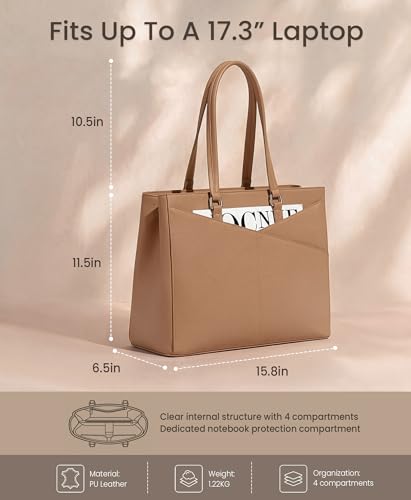 Image of LOVEVOOK Laptop Bag for Women 17.3 Inch Tote Bags Waterproof Leather Briefcase Computer Women Business Office Work Bag,Apricot