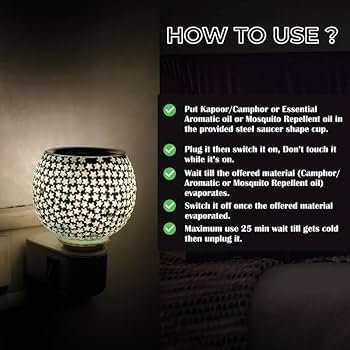 TRIXY Electric Ceramic Multicolor Aroma Diffuser Kapoor Dani | Camphor Diffuser Incense Burner Holder Kapoor Dani with Night Lamp for Home- Pack of 1, White Star 3