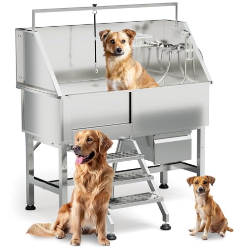 Dog Washing Station for Home,46' Stainless Steel Dog Bathing Station Height Adjustable Dog Washing Station for Home Dog Grooming Tub Ramp, Drawer, Floor Grate & Fauct