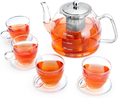 1200ML Teekanne Glas Set, Teeservice 4 Gläser, Borosilikatglas Glasteekanne mit Siebeinsatz, Tee-Ei für lose Blätter Teekanne Set