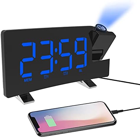 Mightree Projection Alarm Clock for Bedroom, Digital Alarm Clock with USB Charger, Large LED Mirror Display Radio Alarm Clock, Dual Smart Alarm with Projection on Ceiling, Blue Digital, Black-Blue