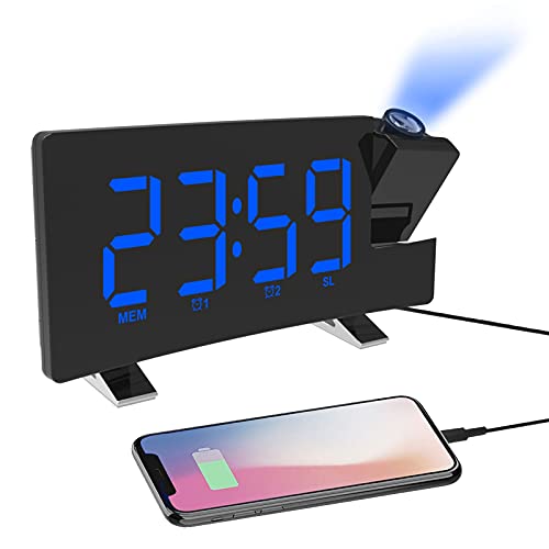 Mightree Projection Alarm Clock For Bedroom, Digital Alarm Clock With Usb Charger, Large Led Mirror Display Radio Alarm Clock, Dual Smart Alarm With Projection On Ceiling, Blue Digital, Black-Blue #TOP3
