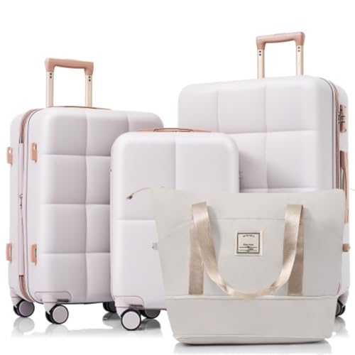 Luggage Set 4-piece, ABS Hard Shell Suitcase, 20-inch, with USB Port, Expandable ABS Durable Suitcase, with Travel Bag, Cup Holder, Side Hook, with Universal Wheels, Light Purple