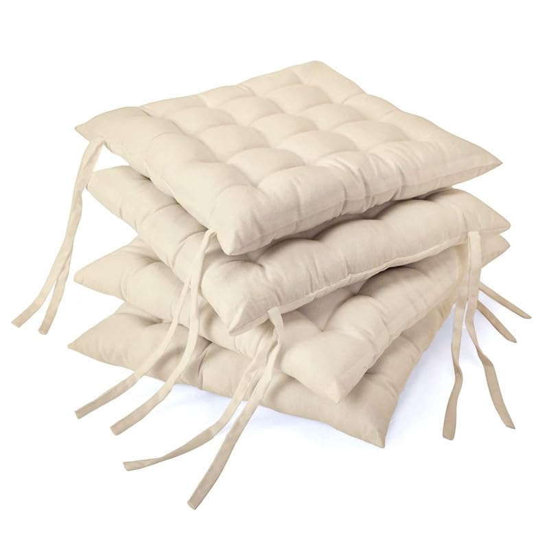 Image of Rajasthan Crafts Pack of 4 Chair Pad | Chair Cushion Pad | Microfiber Square Chair Pads with Ties | Seat Cushion for Chair Office, Sitting, Pooja, Dining & Office Tables (16x16 Inch, Beige)