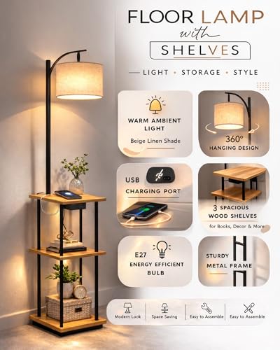 Image of Homesake Modern Floor Lamp with Wooden Shelves & Charging Station | Bedside Lamp with USB Port, Power Outlet | Corner Light, Space-Saving Side Table Lamp for Living Room & Bedroom (Beige, Off-White)