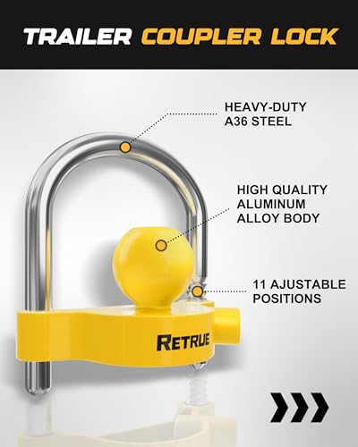 Image of RETRUE Universal Coupler Lock Trailer Locks Ball Hitch Trailer Hitch Lock Adjustable Security Heavy-Duty Steel Fits 1-7 /8 Inch, 2 Inch, 2-5 /16 Inch Couplers, Bright Yellow, Light Weight