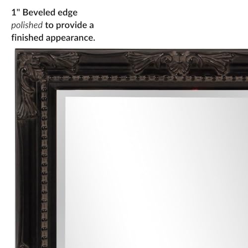Image of Howard Elliott Collection Queen Ann Rectangular Antique Black Wall Mirror, Rectangle Hanging Wood Framed Vanity Mirrors for Home Decor, Living Room, Bathroom, Bedroom, or Hallway, 24 x 36 Inch
