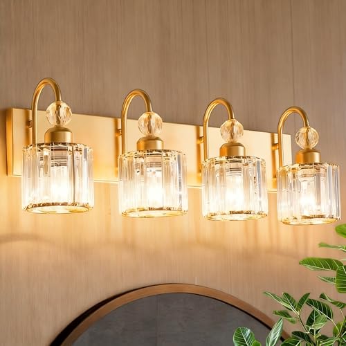 Image of Bathroom Vanity Light Fixtures Over Mirror - Makeup Lighting Pure Gold - for Modern Wall, Bath, Desk, Farmhouse, Hallway - 4 Crystal Lights