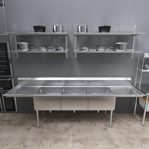Image of 120 in. x 30 in. Stainless Steel Three Compartment Sink with 24 in. x 24 in. x 14 in. Bowls and Dual 24 in. Drainboards