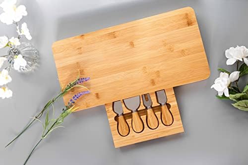 HomeZone Natural Bamboo Cheese Board with Knife Set - Large Eco-Friendly Knives Serving Platter with Knife Drawer Plate Set - Strong Kitchen Serving Tray for Bread, Vegetables or Meats Cutting Surface