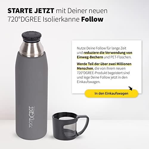 Foto von 720°DGREE Thermoskanne mit Becher 1l “Follow” - 3 Größen, 12h Heiß, 24h Kalt, Auslaufsicher, BPA-Frei - Edelstahl Thermosflasche, Isolierflasche für Kaffee, Tee bei der Arbeit, Schule, To Go