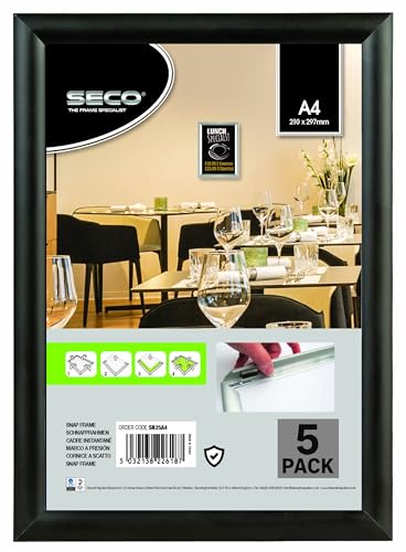 Image of Stewart Superior A4 Aluminium 4 Sided 25mm Front Loading Picture/Poster Snap Frame - Black (Pack of 5)