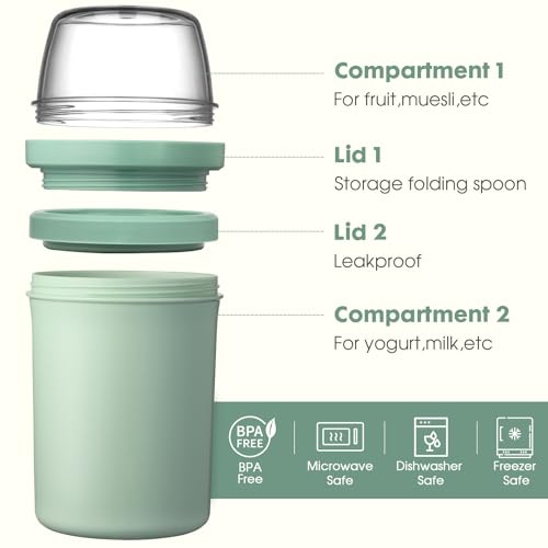 Mitsemmo Cereal Cup On The Go,600ml+270ml Breakfast Pots to Go,Yogurt and Granola Pot,Muesli Cup Travel Bowl and Milk Container for Work,Overnight Oats Jar with Lid & Spoon(Nordic Green)