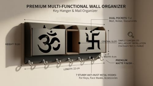 Image of Wooden Key Holder for Wall with Om & Swastika Design | 7 Metal Hooks & Dual Mail Organizer Pockets | Wall Mount Key Hanger & Letter Stand for Home Decor, Entryway, Office & Living Room Matte Black
