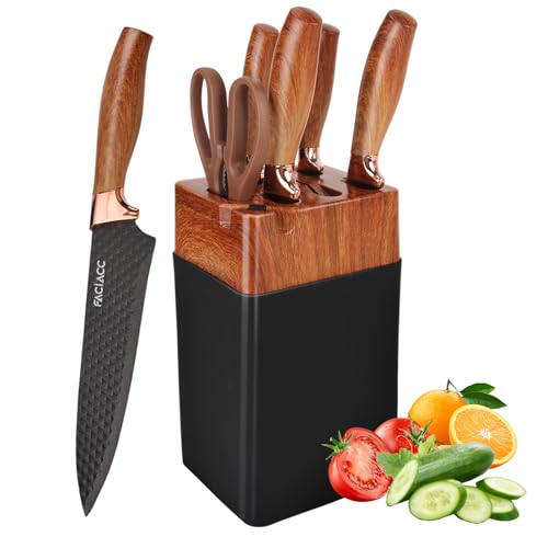 FACIACC 7 Pcs Kitchen Knife Set with Block Sharp Stainless Steel Chef Knives Professional Kitchen Knife with Chefs, Slicing, Bread, Utility, Peel Knife and Scissors for Cutting, Chopping, Slicing