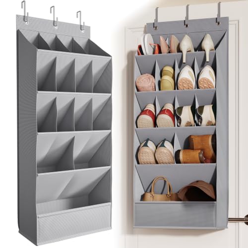 Mefirt 18 Pairs Over the Door Shoe Organizer, Shoe Rack for Closet with Large Breathable Pockets, Hanging Shoes Rack for Boots, Behind the Door Organizer Shoe Holder for Categorized Storage, Grey