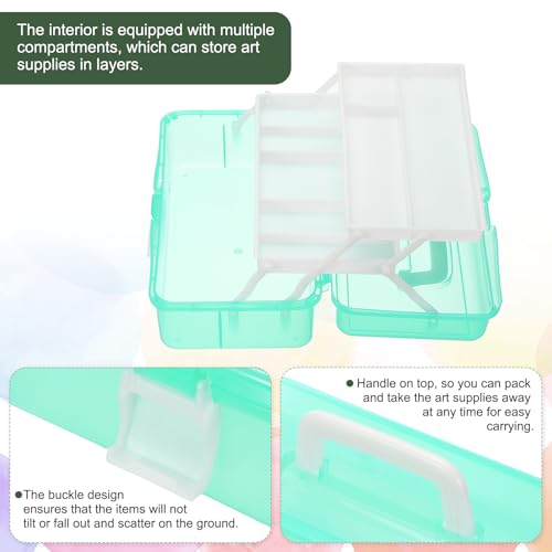 Image of YOKIVE Art Supply Storage Organizer, Art Tool Storage Box 3-Tray Craft Box Art Supplies Organizer with Handle Buckle for Brushes Paints Stamps, Green