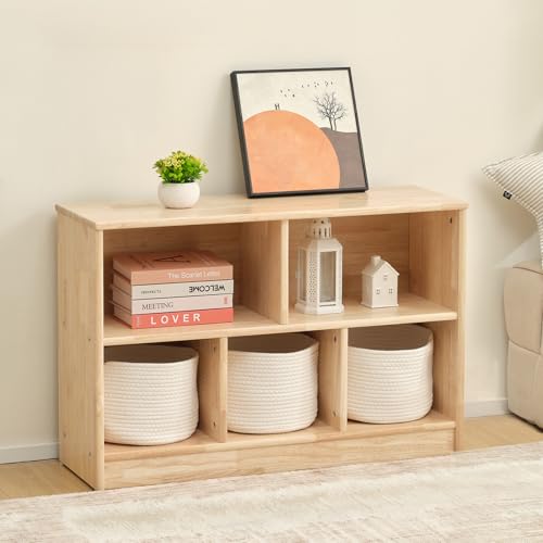 TOOKYLAND 天然木 ラバーウッド本棚 2段 幅90cm モンテッソーリ収納棚 大容量 おしゃれ 木製絵本ラック 教科書漫画収納 ナチュラル木目柄